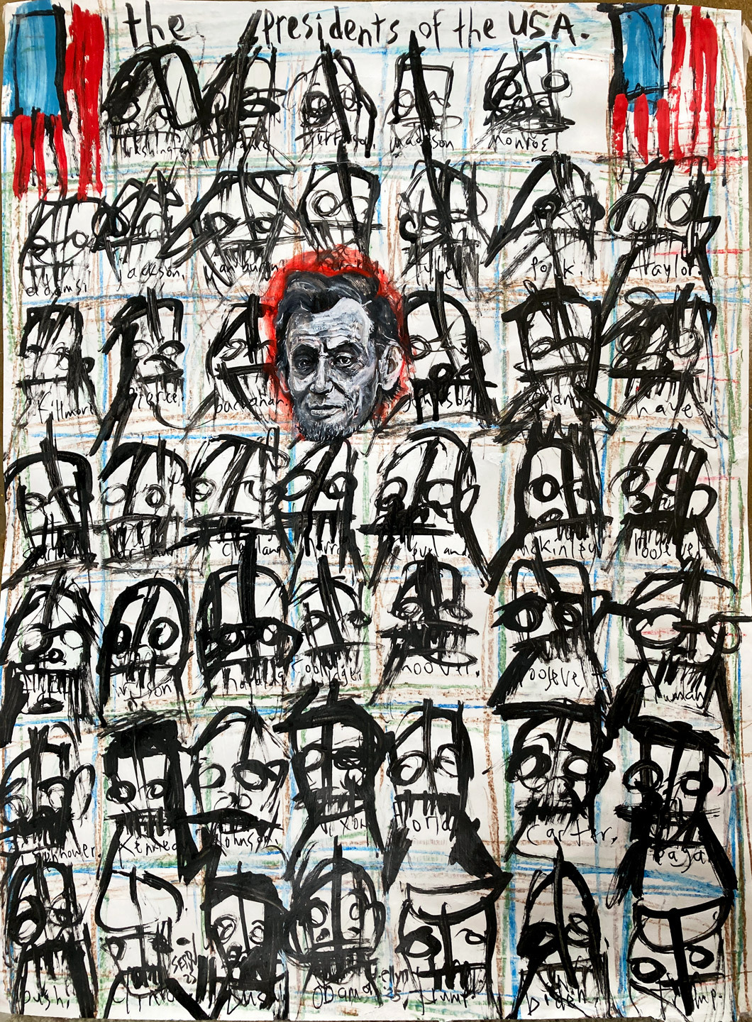 Montage of abstracted portraits of all US Presidents with realistic portrait of Lincoln