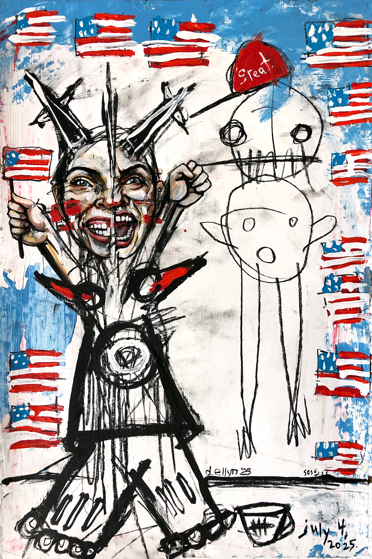 a split portrait of a girl who is half laughing, half yelling surrounded by American Flags