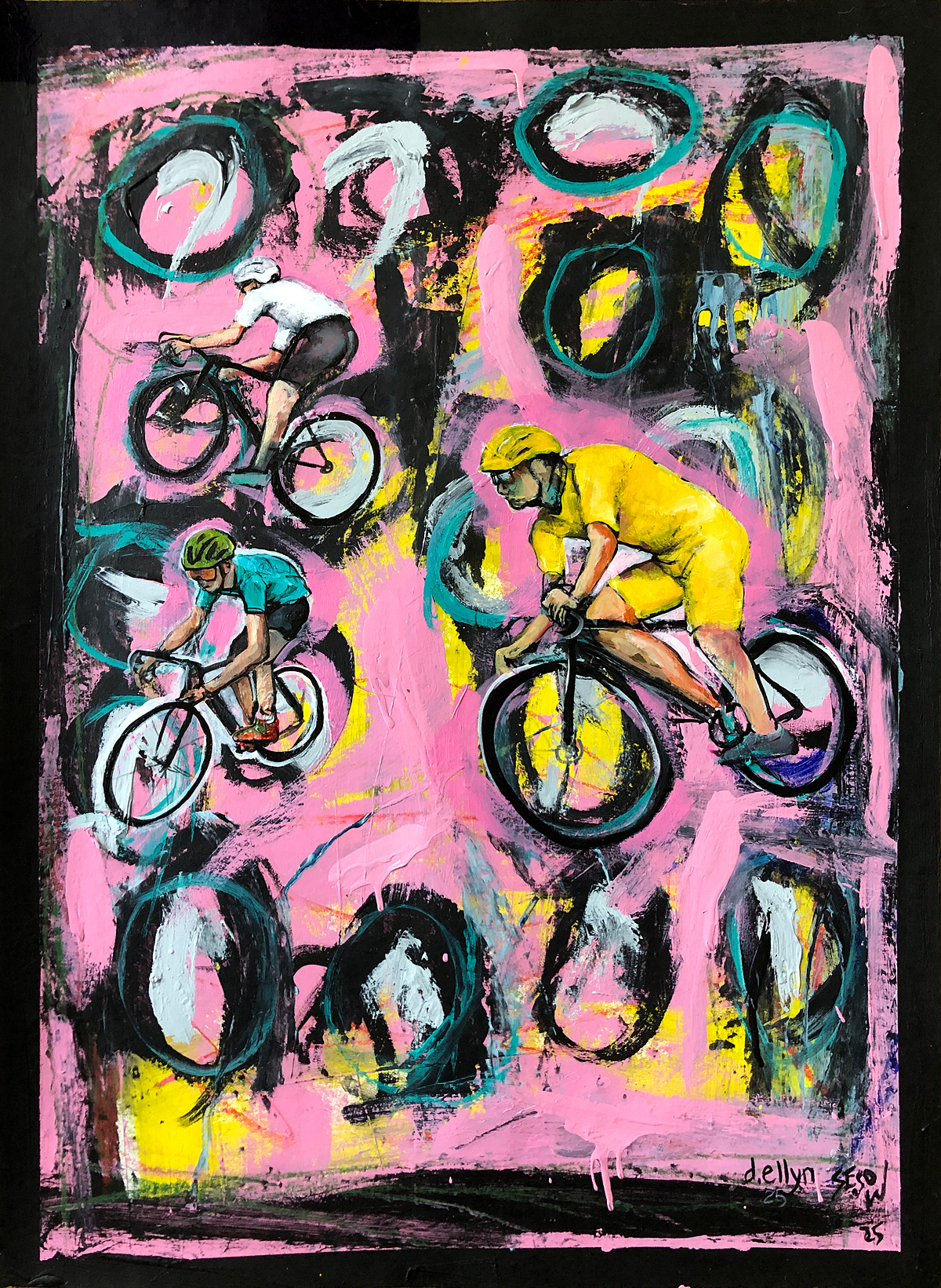 partially abstracted images of cyclists in the Tour de France on pink background