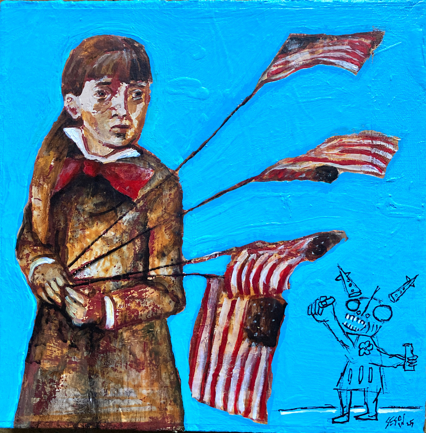 Young girl wearing dress with large red bow holding 4 American flags with drawing of yelling fist raised protestor. 